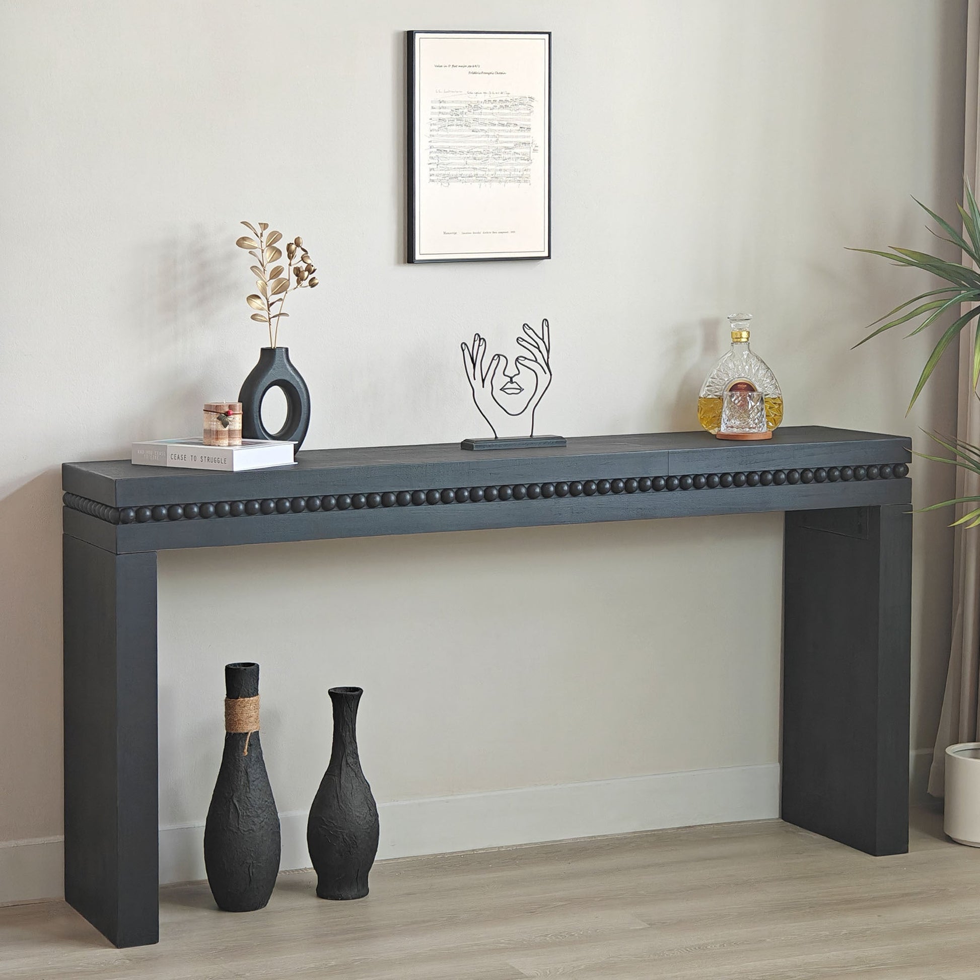64in Modern Black Wood Console Table with beaded trim, styled with vases and a decanter on Tampa Home & Garden Store