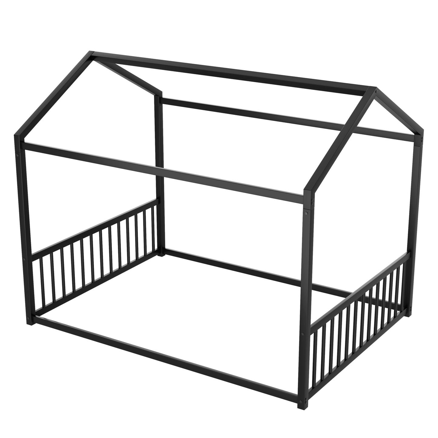Montessori style floor house-shaped bed frame in black metal with safety guardrails by HouseOfZazla on Tampa Home & Garden Store