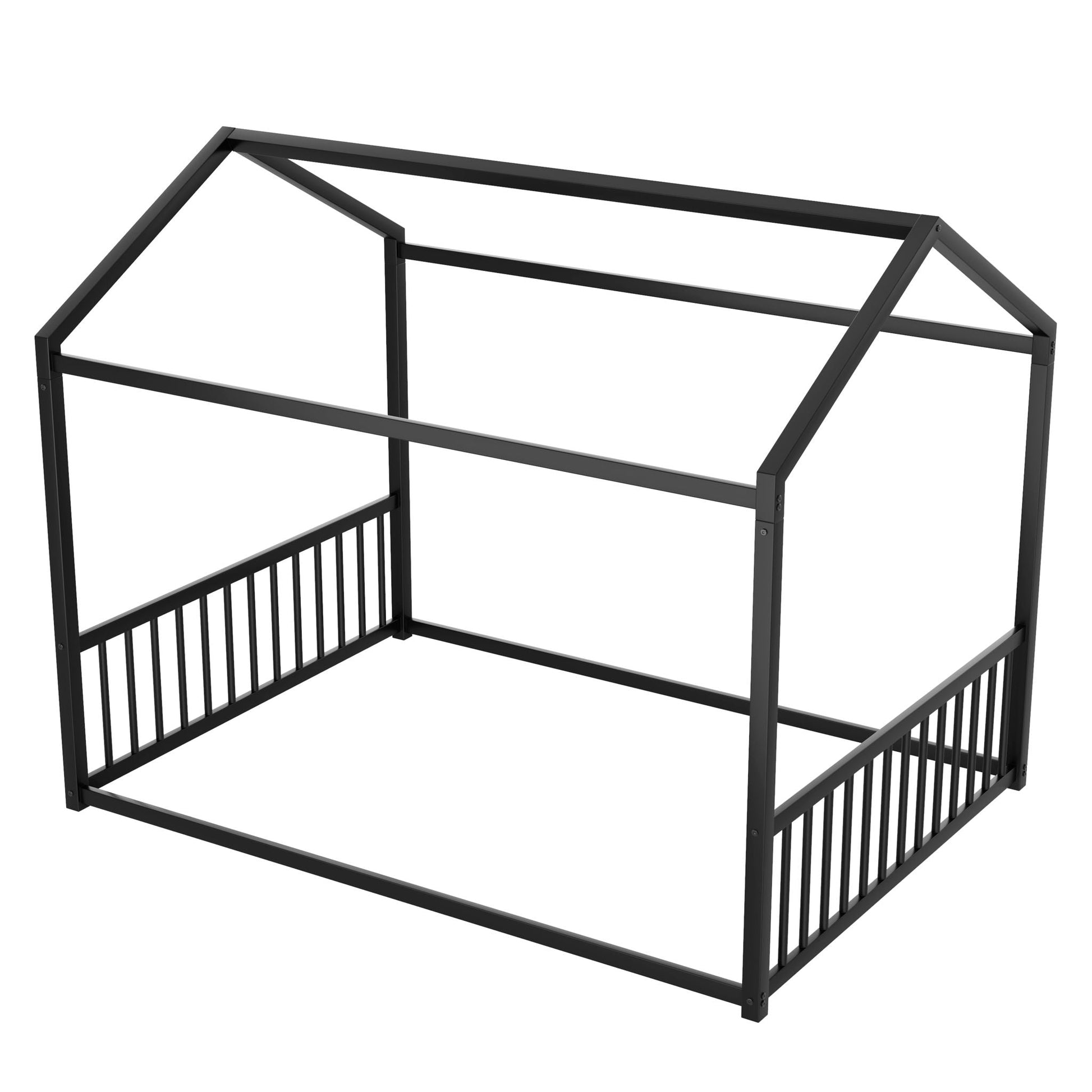 Montessori style floor house-shaped bed frame in black metal with safety guardrails by HouseOfZazla on Tampa Home & Garden Store