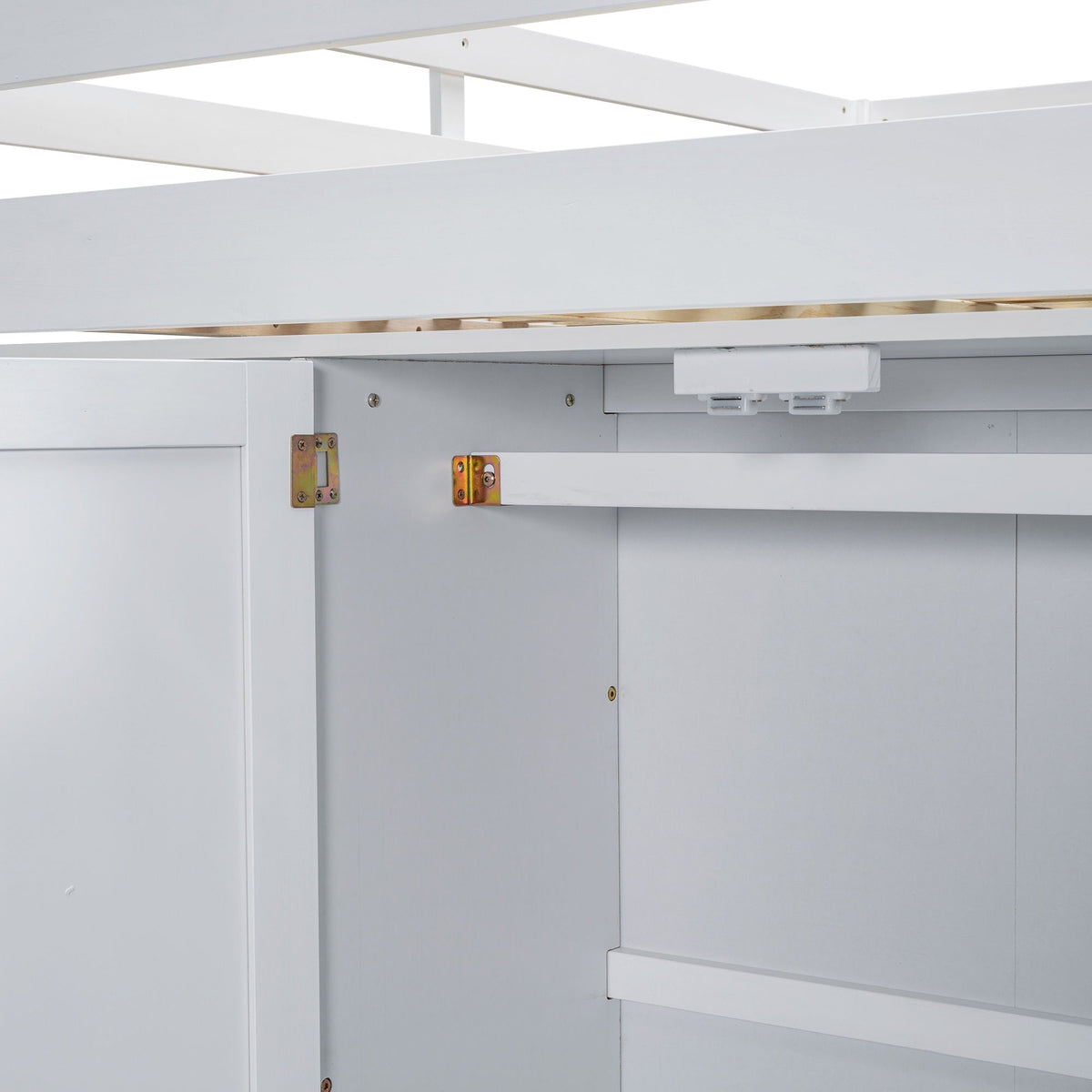 White loft bed frame with built-in wardrobe panels and drawers, hardware visible on Tampa Home & Garden Store