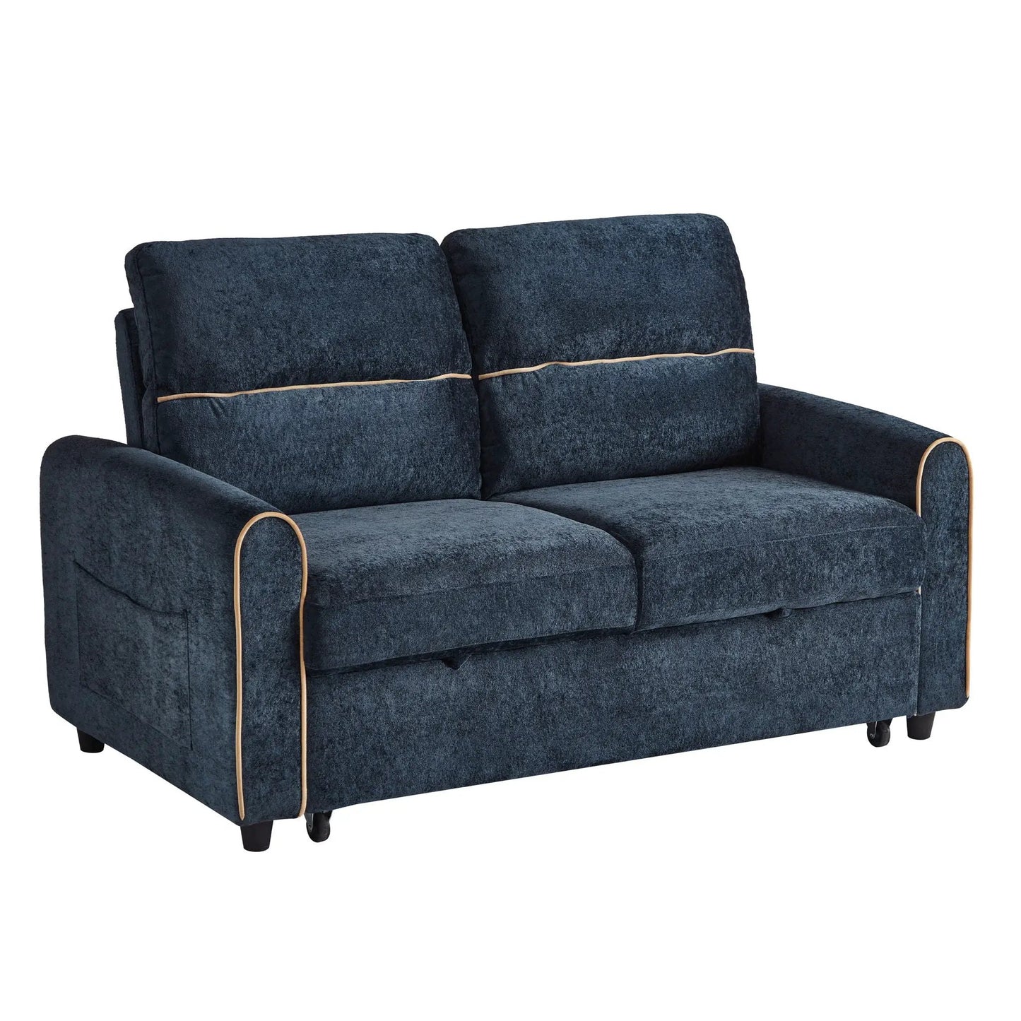 Pull-out sofa bed sleeper loveseat in dark blue velvet with tan piping on Tampa Home & Garden Store