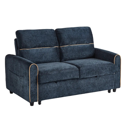 Pull-out sofa bed sleeper loveseat in dark blue velvet with tan piping on Tampa Home & Garden Store
