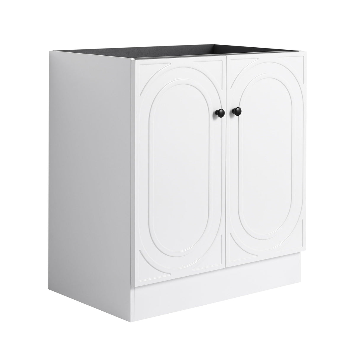 Freestanding vanity by HouseOfZazla, white two-door cabinet with circular panels, black knobs on Tampa Home & Garden Store