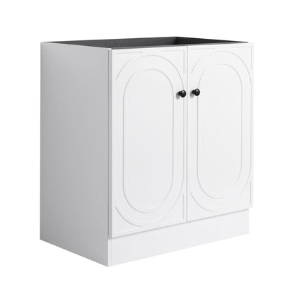 Freestanding vanity by HouseOfZazla, white two-door cabinet with circular panels, black knobs on Tampa Home & Garden Store