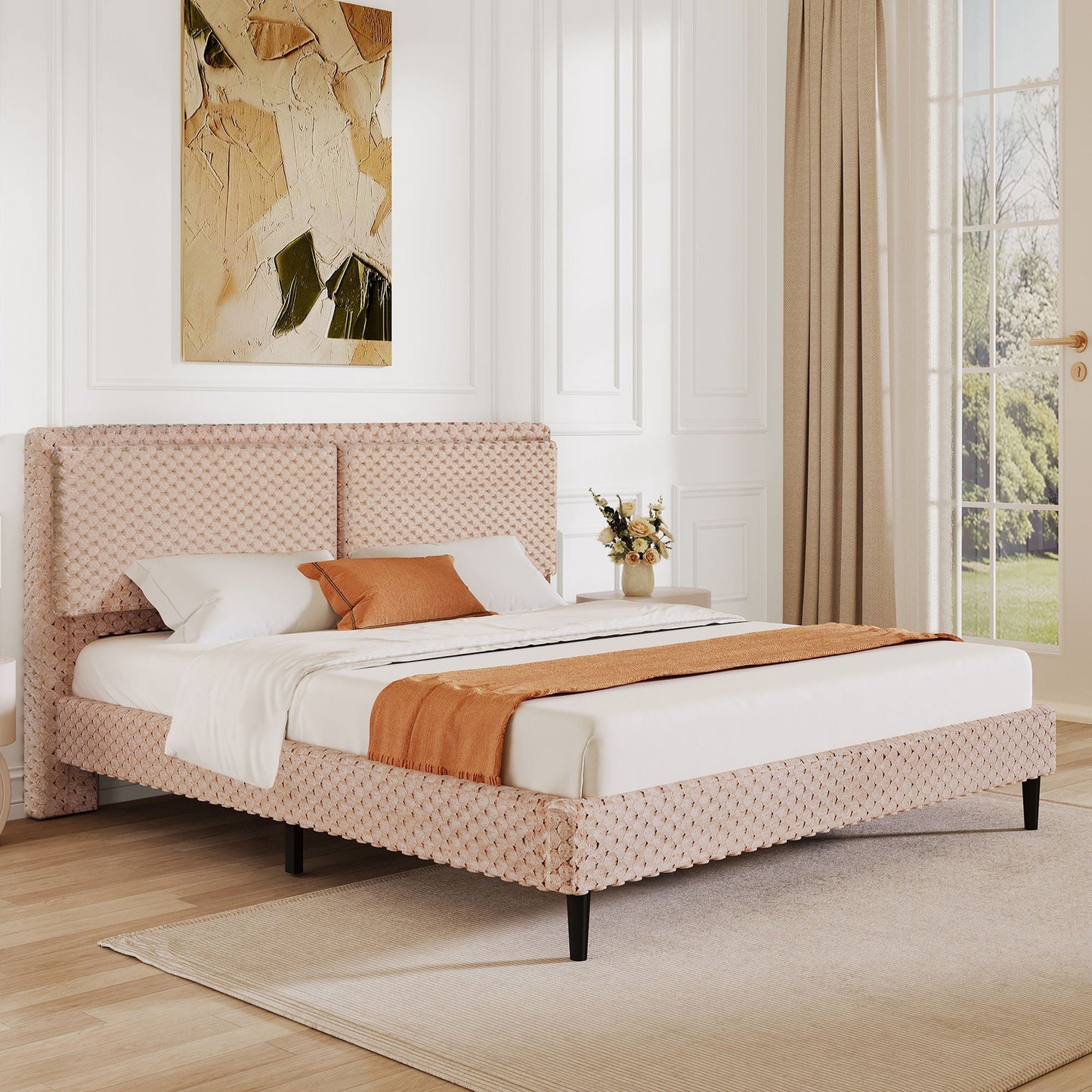 Soft Bed Comfortable Backrest For Bedroom with pink tufted upholstery and white linens on Tampa Home & Garden Store