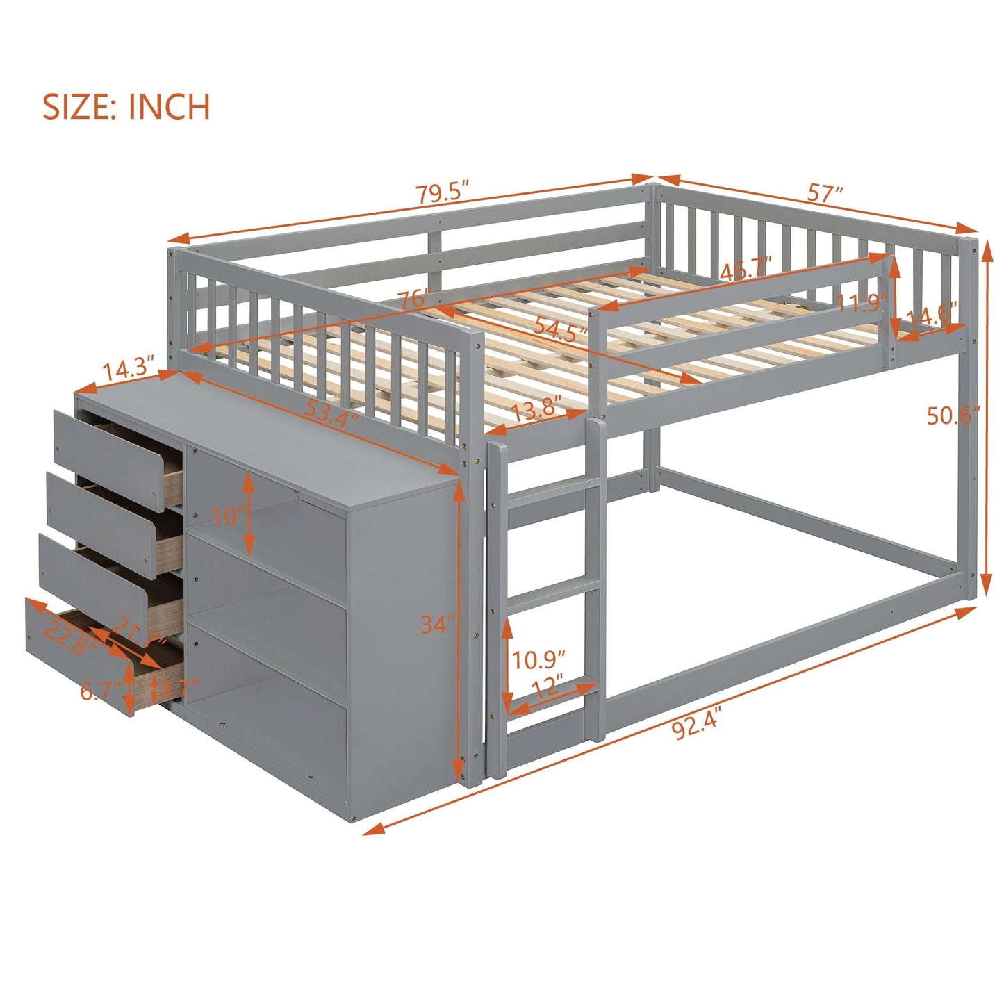 Solid Pine Bunk Bed with Drawers and Shelves