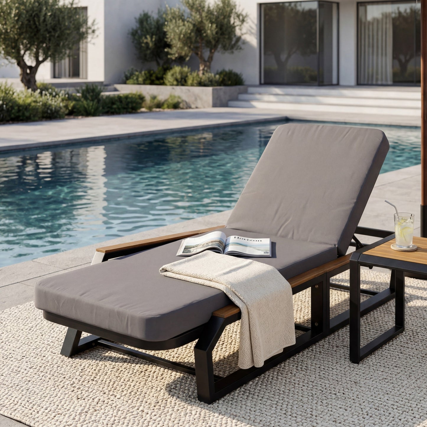 Adjustable Outdoor Chaise With A Wood Frame