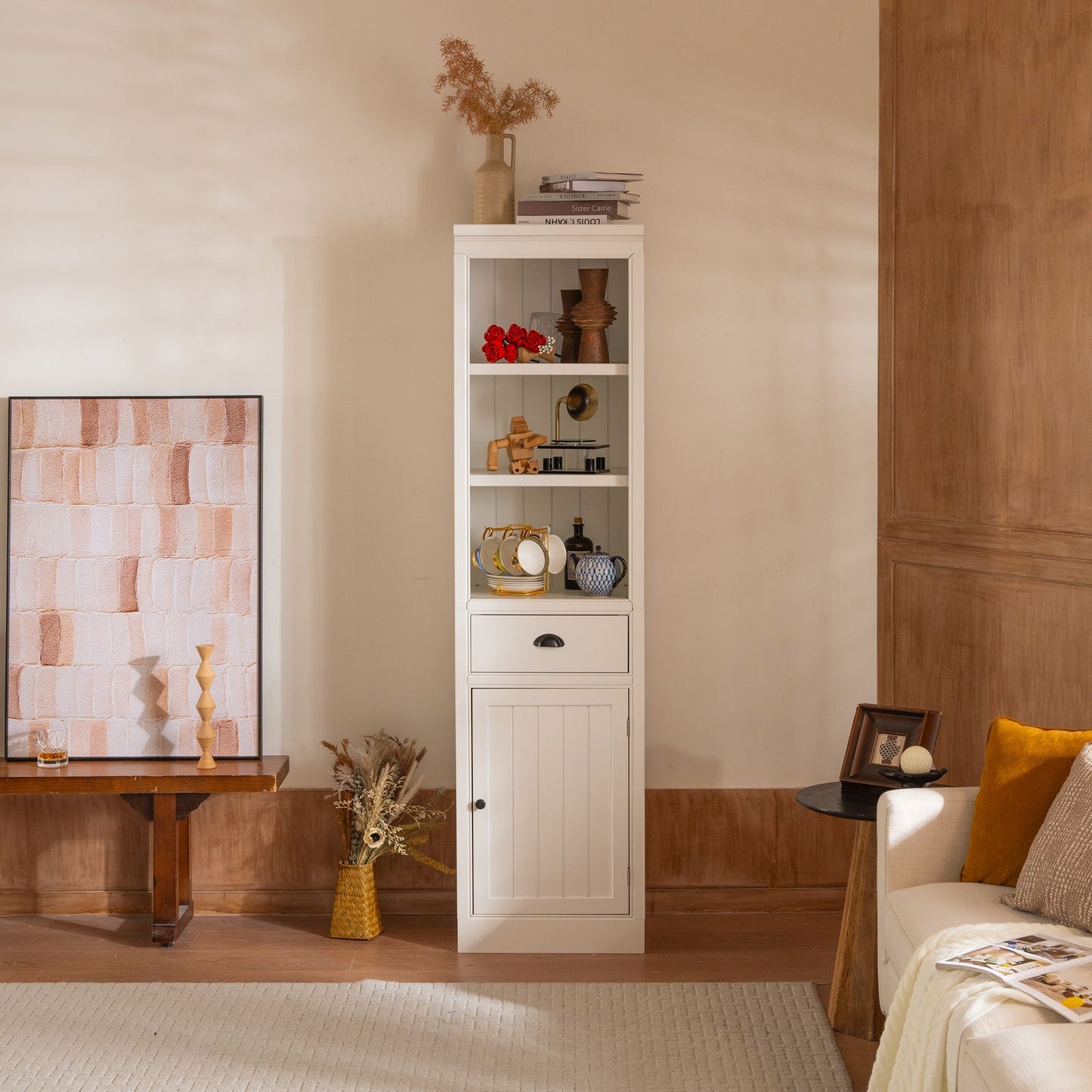 Retro White Tall Display Shelf and Cabinet