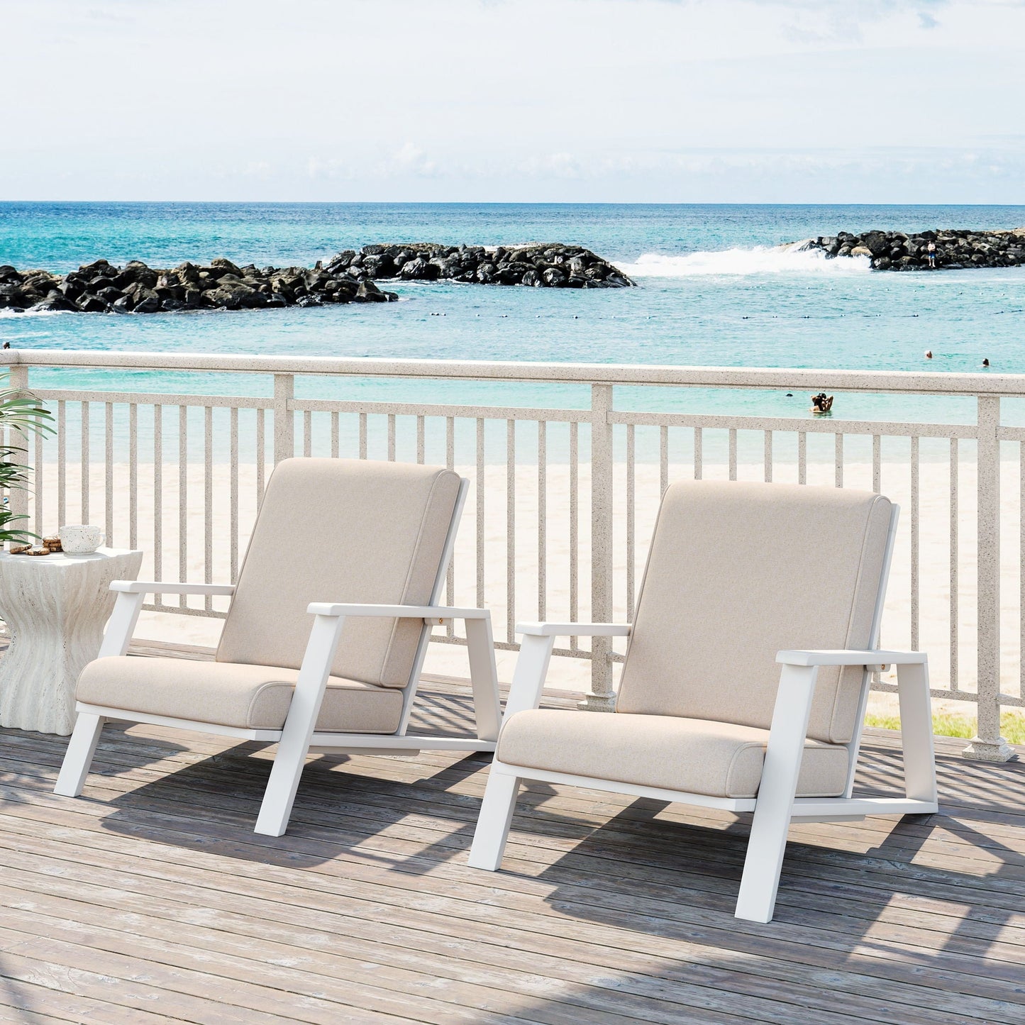 Outdoor Patio Lounge Chair Set of 2 beige cushions on white frames HouseOfZazla on Tampa Home & Garden Store