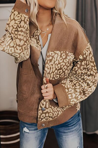 Stevvex leopard print drop-shoulder jacket with brown corduroy body and button-up closure on Tampa Home & Garden Store