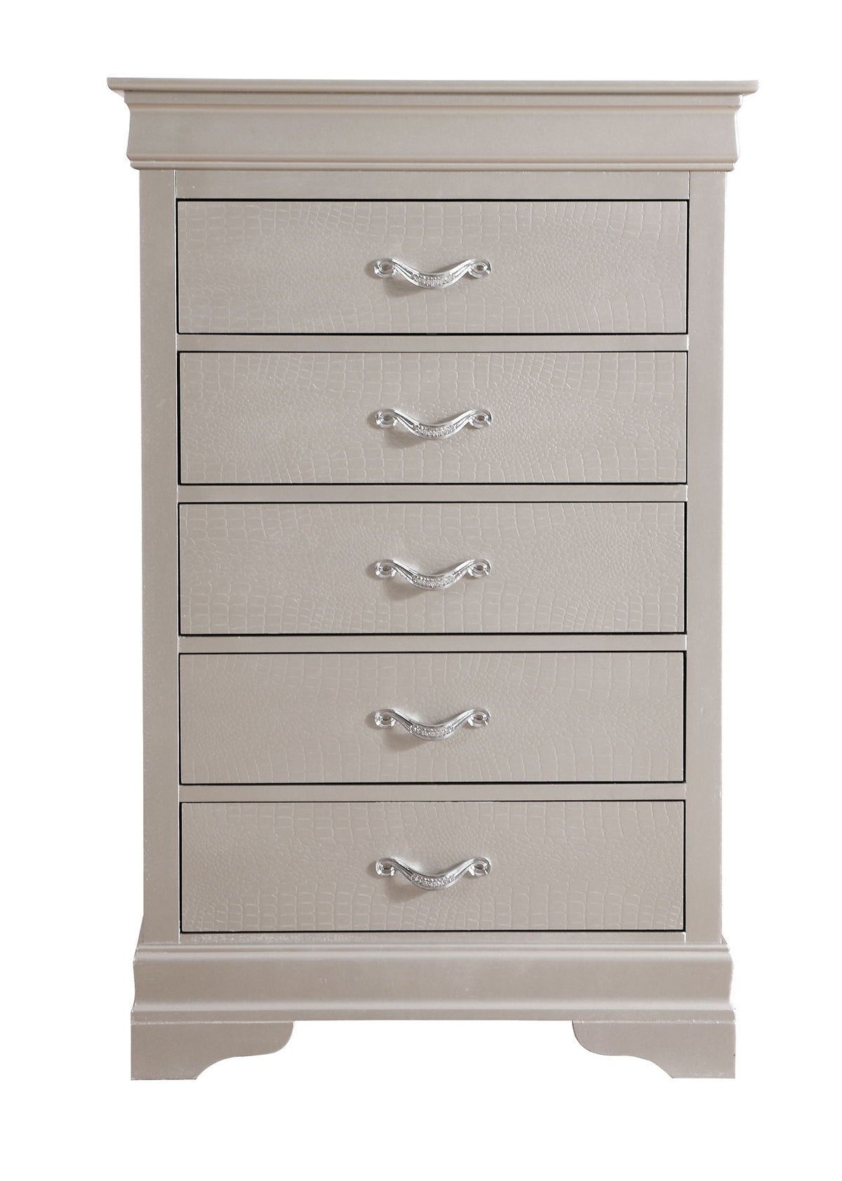 Accent chest with embossed crocodile texture in pearl silver by HouseOfZazla faux crystal pulls on Tampa Home & Garden Store