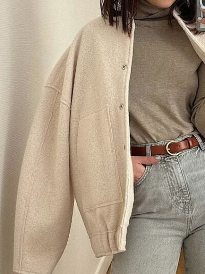 Autumn Casual Drop Shoulder Jacket Stevvex beige with snap front and front pockets on model on Tampa Home & Garden Store