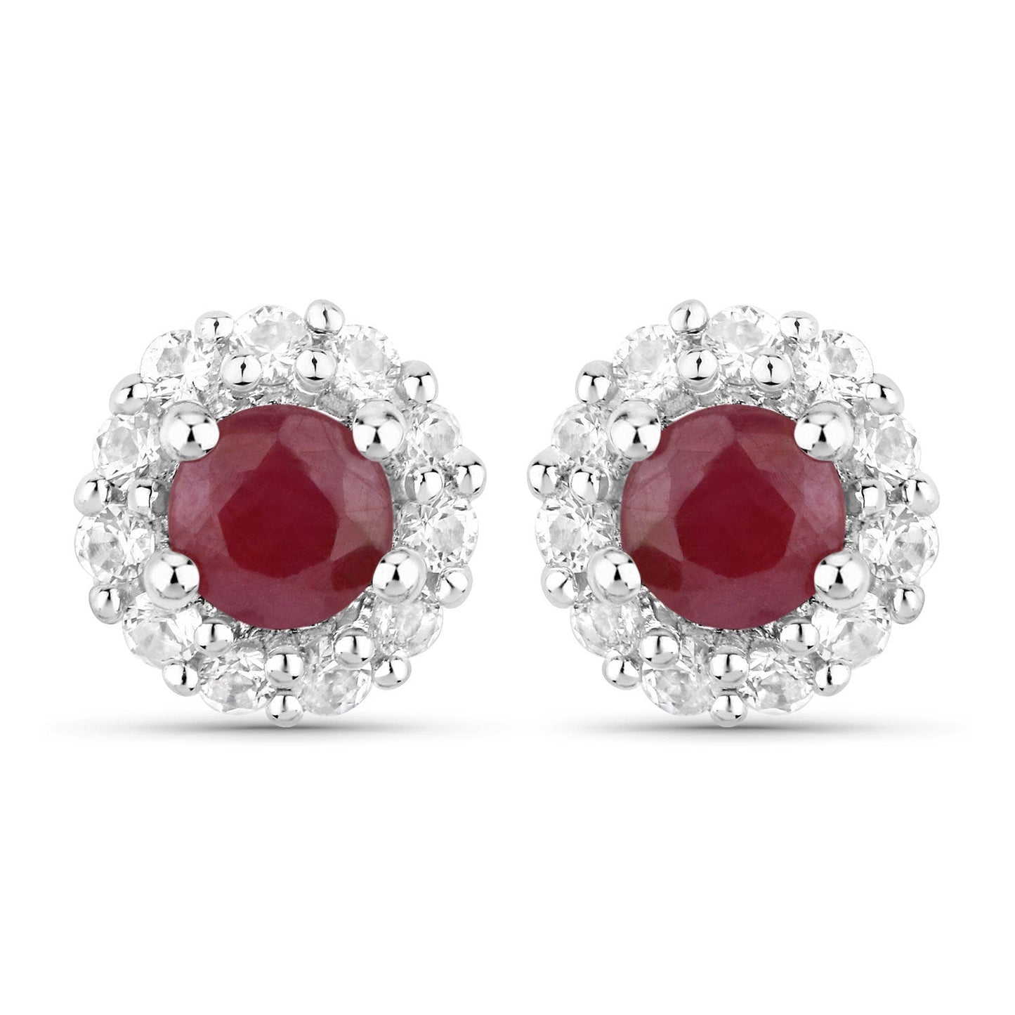 2.17ct genuine ruby halo stud earrings in .925 sterling silver with white topaz halo, pair on Tampa Home & Garden Store