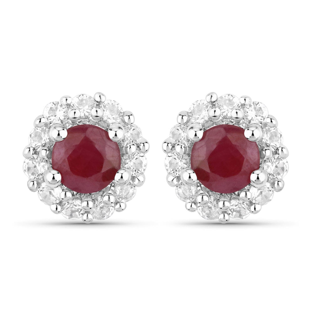 2.17ct genuine ruby halo stud earrings in .925 sterling silver with white topaz halo, pair on Tampa Home & Garden Store