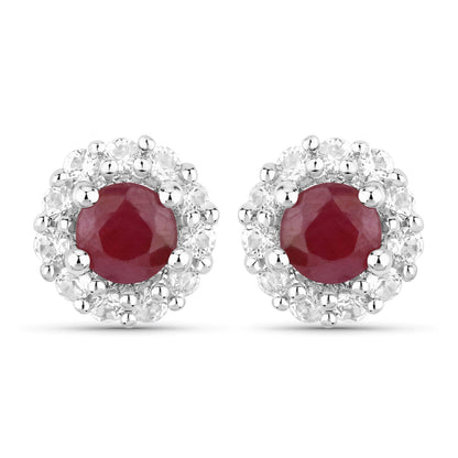 2.17ct genuine ruby halo stud earrings in .925 sterling silver with white topaz halo, pair on Tampa Home & Garden Store