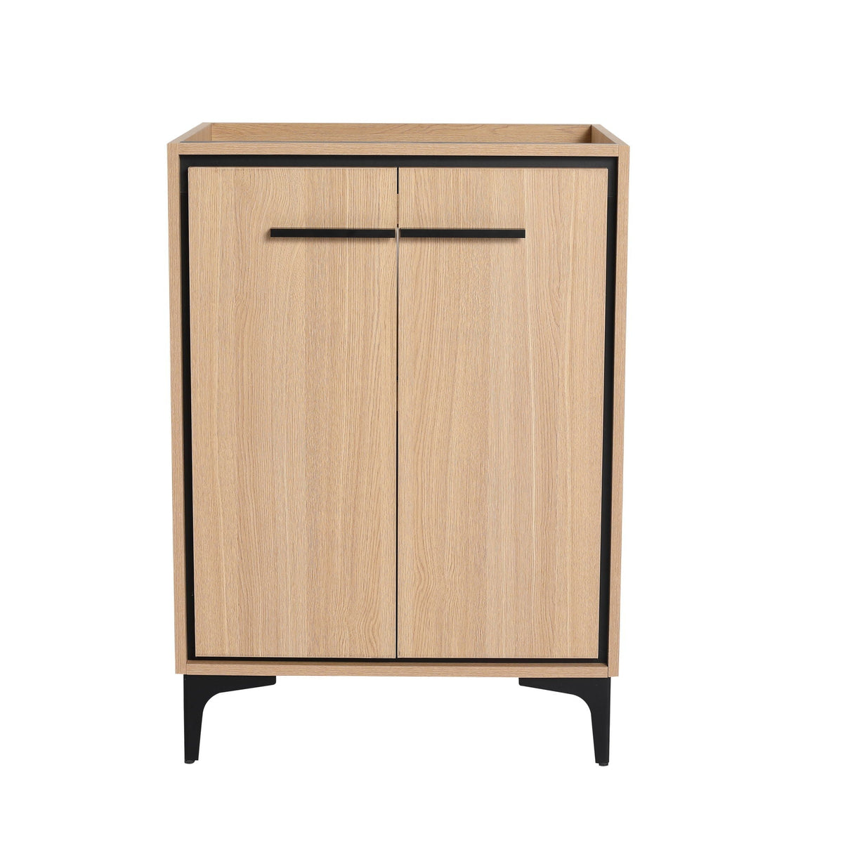 Modern bathroom vanity cabinet in light brown oak with black trim and handles, 2 doors on Tampa Home & Garden Store