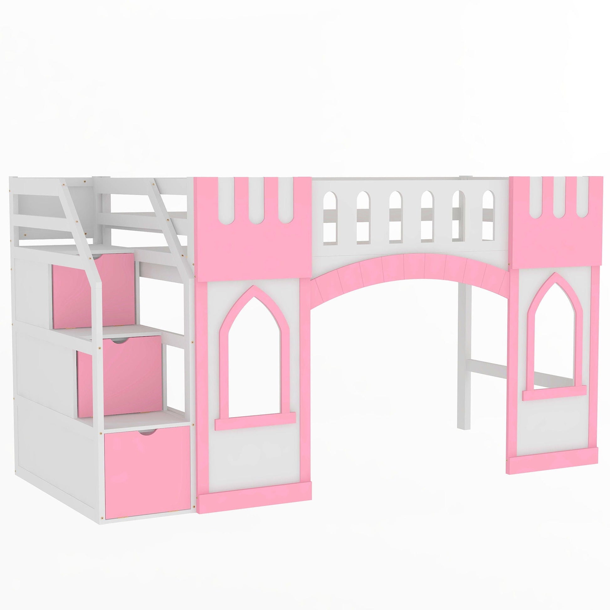 Loft bed with storage staircase, white frame and pink decorative panels by HouseOfZazla on Tampa Home & Garden Store