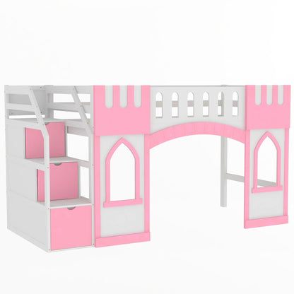 Loft bed with storage staircase, white frame and pink decorative panels by HouseOfZazla on Tampa Home & Garden Store