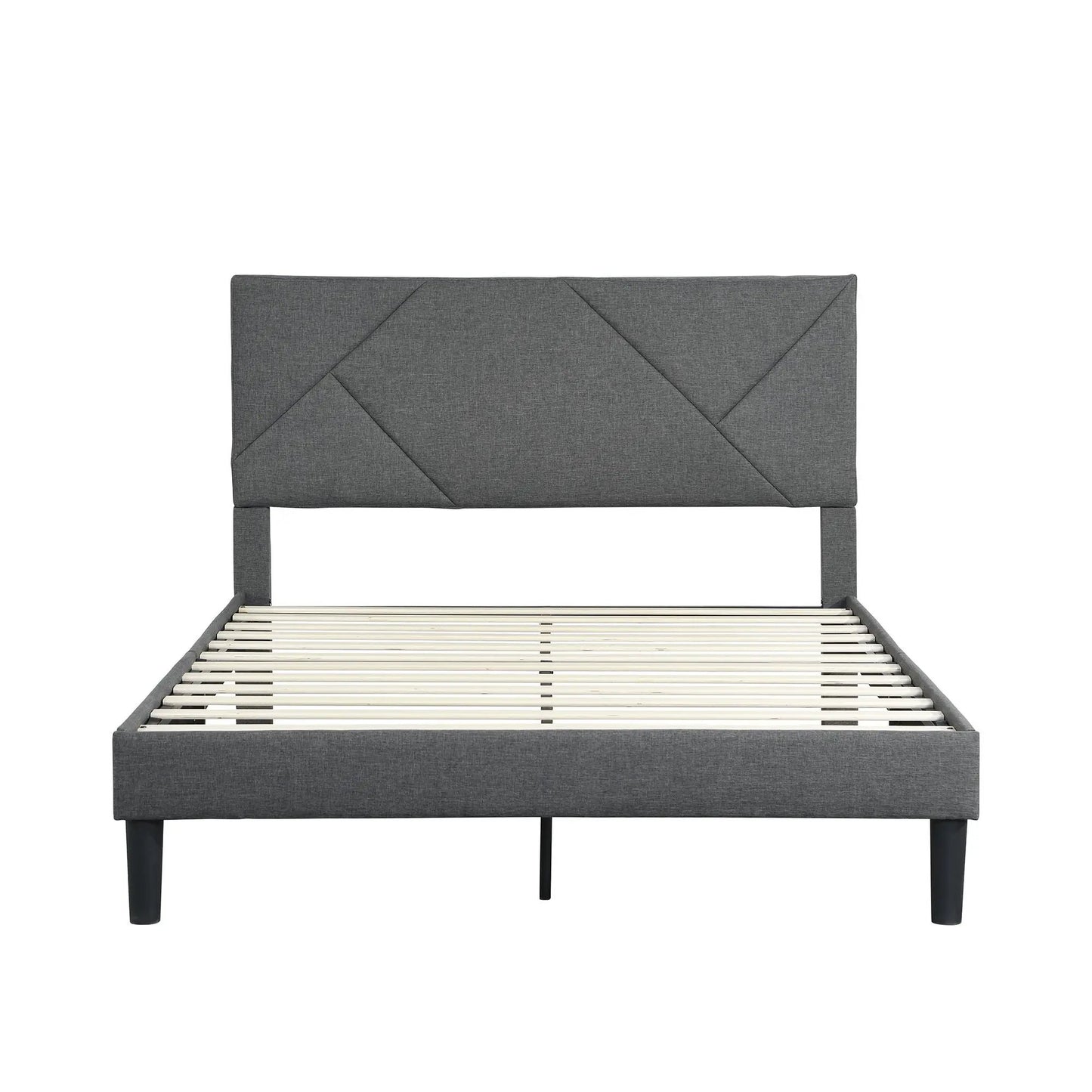 Upholstered platform bed frame with headboard in charcoal gray fabric, wood slat base on Tampa Home & Garden Store