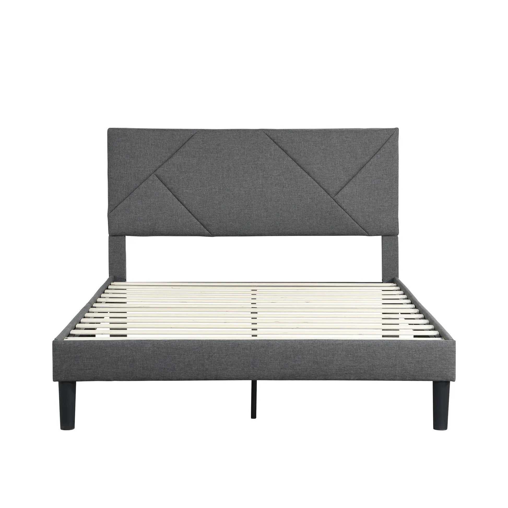 Upholstered platform bed frame with headboard in charcoal gray fabric, wood slat base on Tampa Home & Garden Store