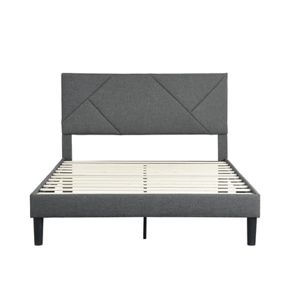 Upholstered platform bed frame with headboard in charcoal gray fabric, wood slat base on Tampa Home & Garden Store
