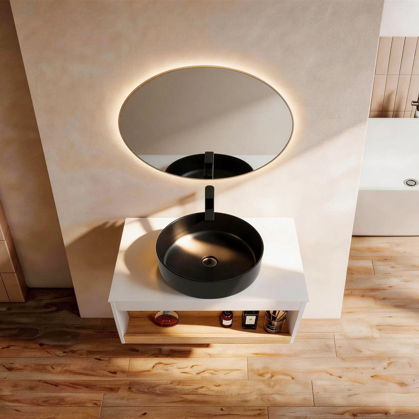 Floating bathroom vanity with glossy round vessel sink and backlit round mirror on Tampa Home & Garden Store
