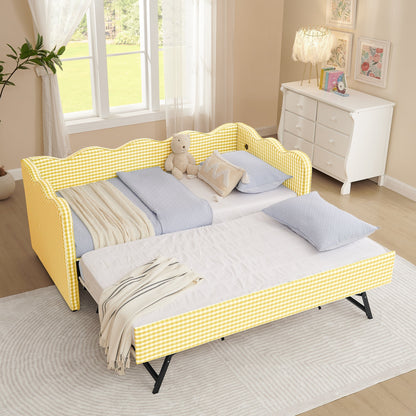 Cozy Gingham Daybed with Trundle in yellow gingham fabric, twin-size with blue bedding on Tampa Home & Garden Store