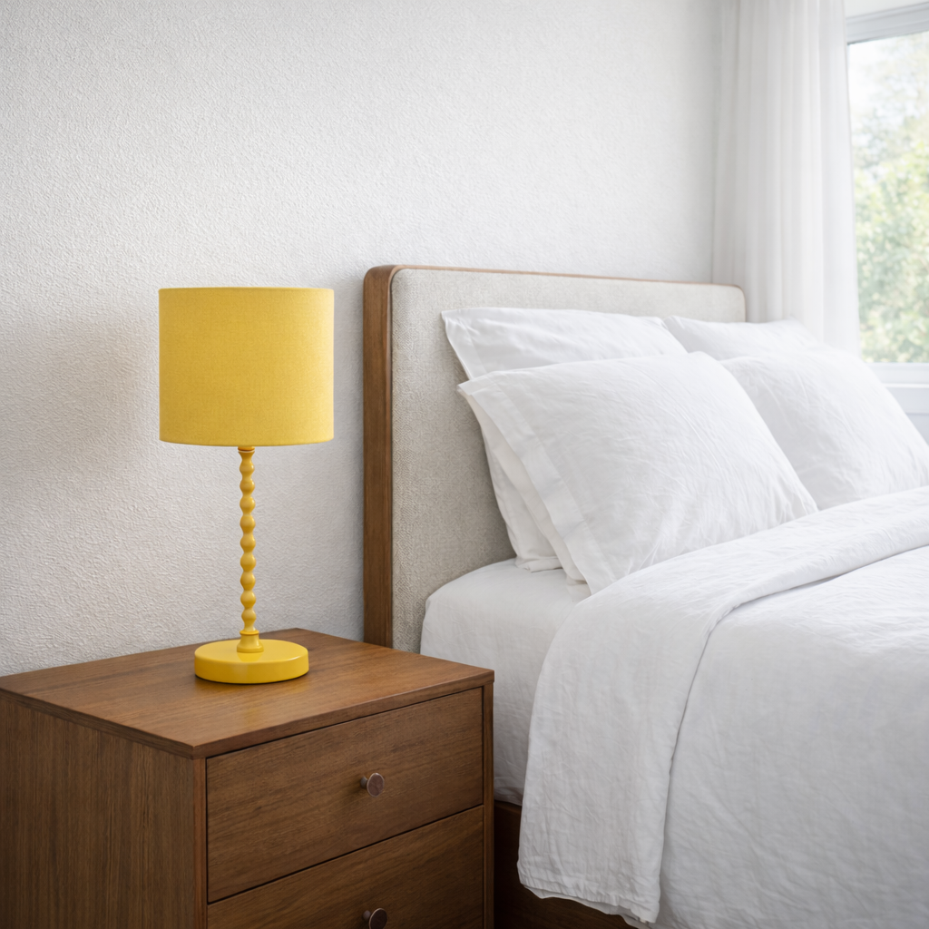 Modern Classic Desk Lamp yellow with twisted stem on wooden nightstand beside white bed on Tampa Home & Garden Store