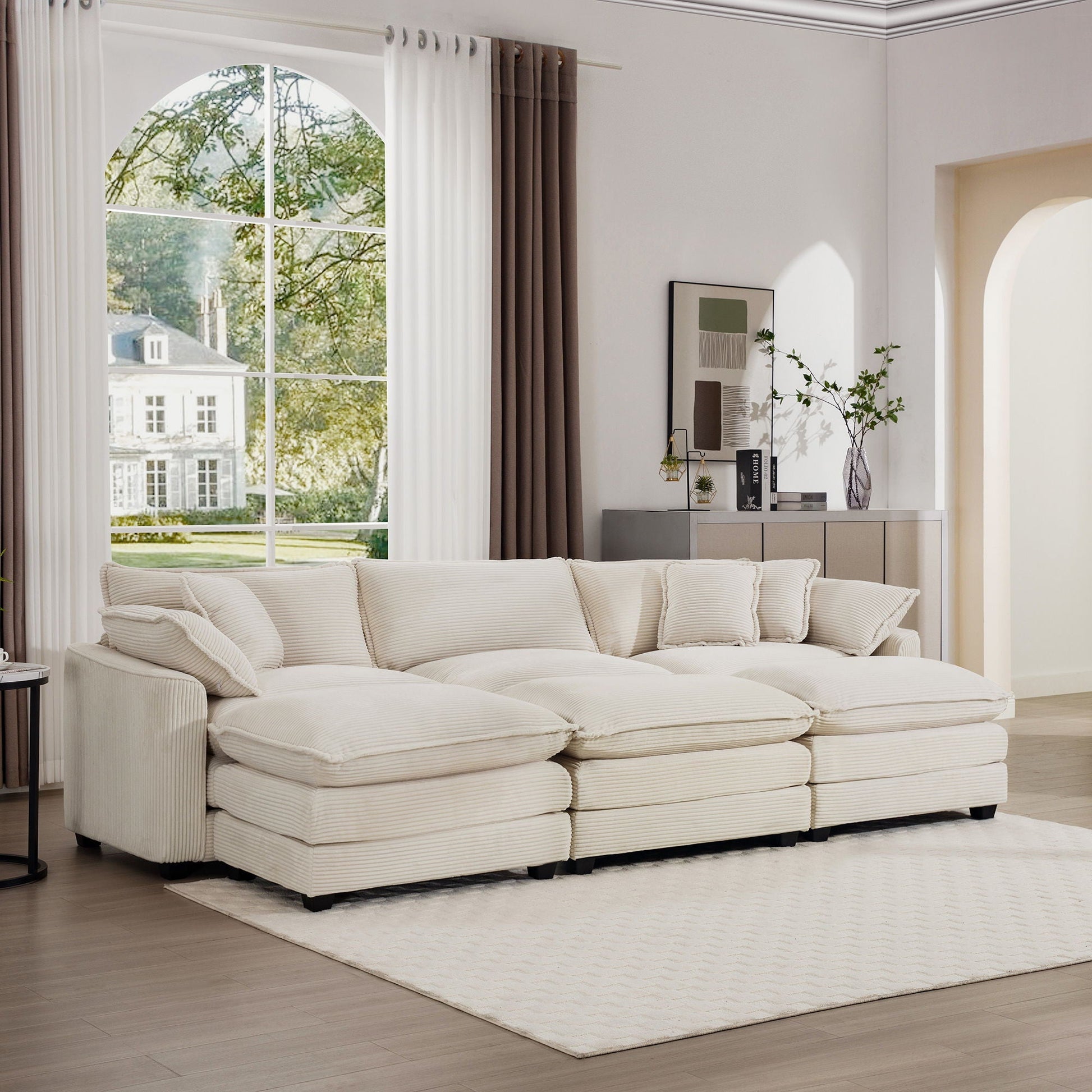 Modern oversized modular cushion sofa with ottoman in cream, low back, deep seating 2-piece set on Tampa Home & Garden Store