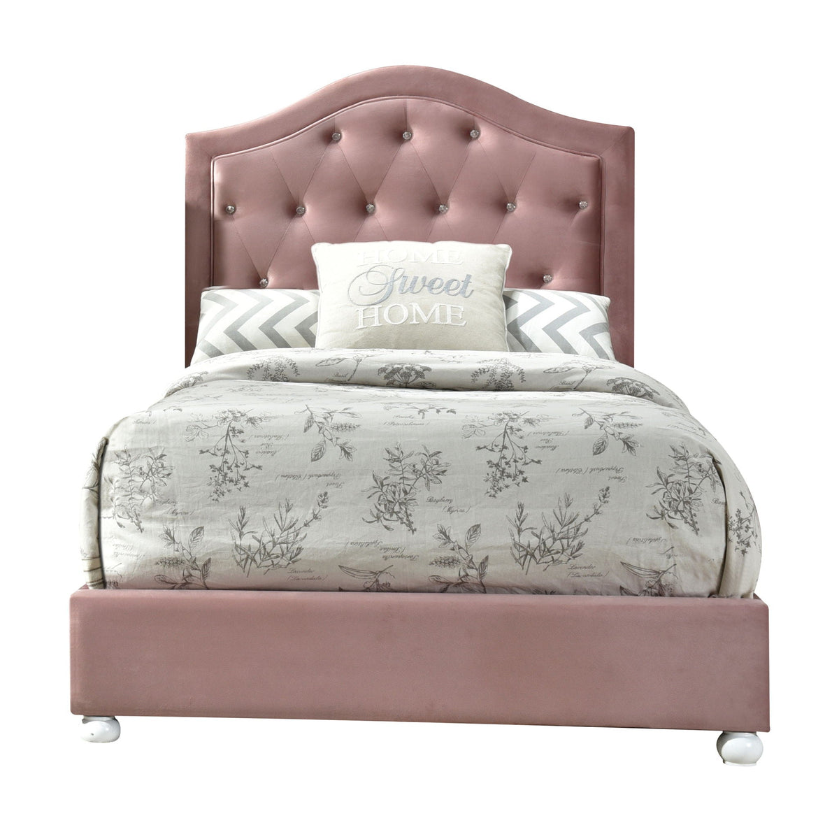 Pink Upholstered Twin Bed and Tufted Headboard