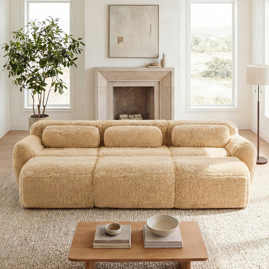 3-Seater plush beige sofa with movable ottoman by HouseOfZazla in bright living room on Tampa Home & Garden Store
