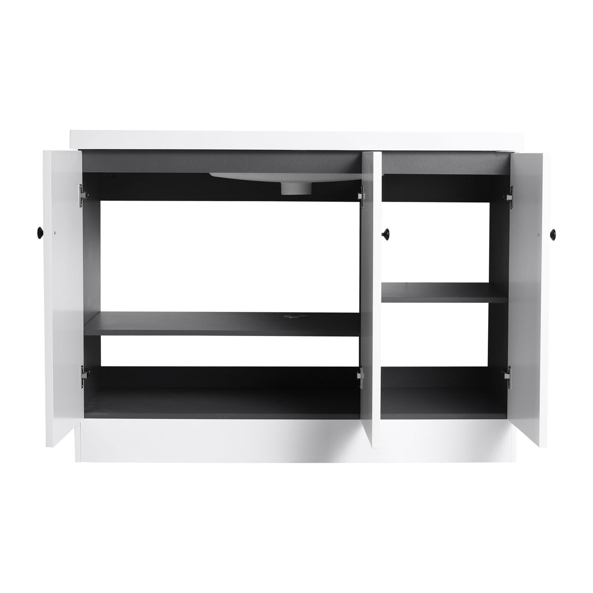 Freestanding bath vanity with resin sink, white exterior and black interior, doors open on Tampa Home & Garden Store