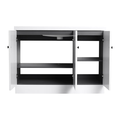 Freestanding bath vanity with resin sink, white exterior and black interior, doors open on Tampa Home & Garden Store