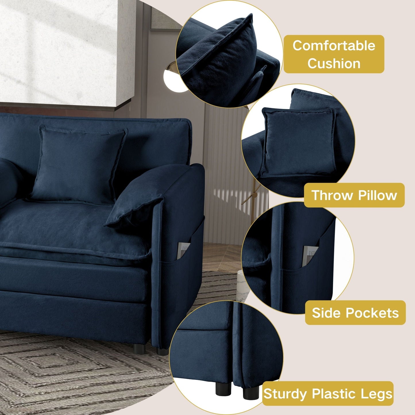 Modern Comfy Deep Seat Modular Sectional Sofa blue velvet by HouseOfZazla with ottoman on Tampa Home & Garden Store