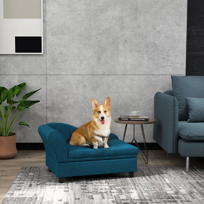 PawHut elevated pet sofa bed in blue upholstery with a corgi on it in a stylish living room on Tampa Home & Garden Store