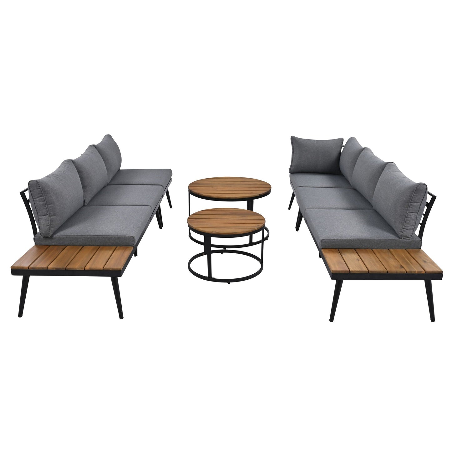 6-piece outdoor sectional sofa set with nesting wood coffee tables and gray cushions on Tampa Home & Garden Store