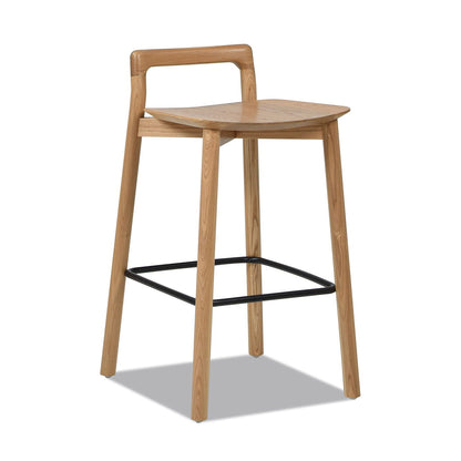Modern Minimalist Low Back Counter Stool in natural blonde ash with black metal footrest on Tampa Home & Garden Store
