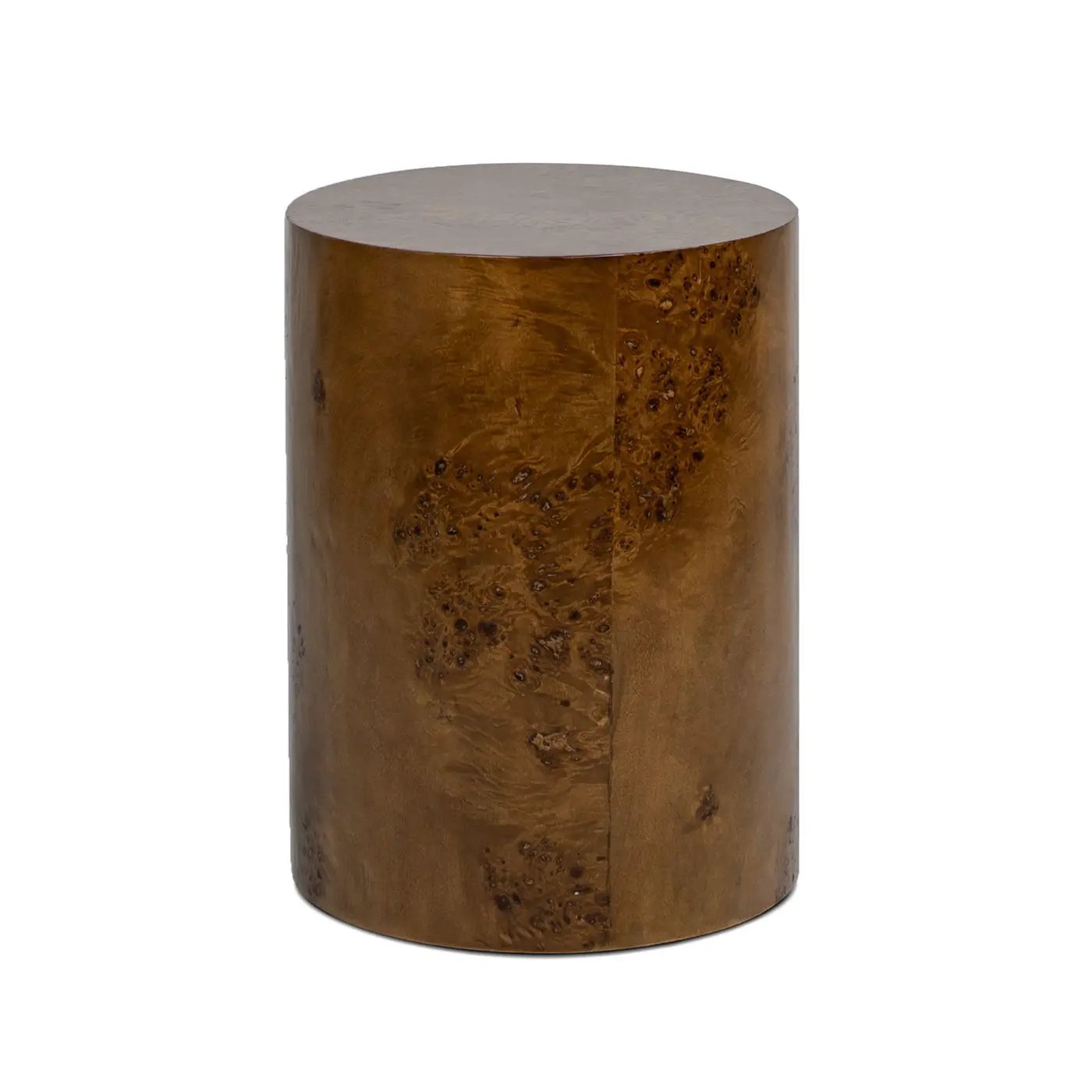 Nebula Accent Oval Pillar Side Table, burled wood with warm brown finish on Tampa Home & Garden Store