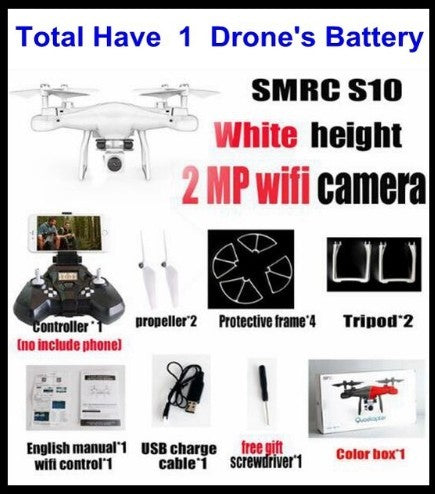 SMRC S10 white quadcopter drone with 2 MP wifi camera; includes RC controller and spare props on Tampa Home & Garden Store