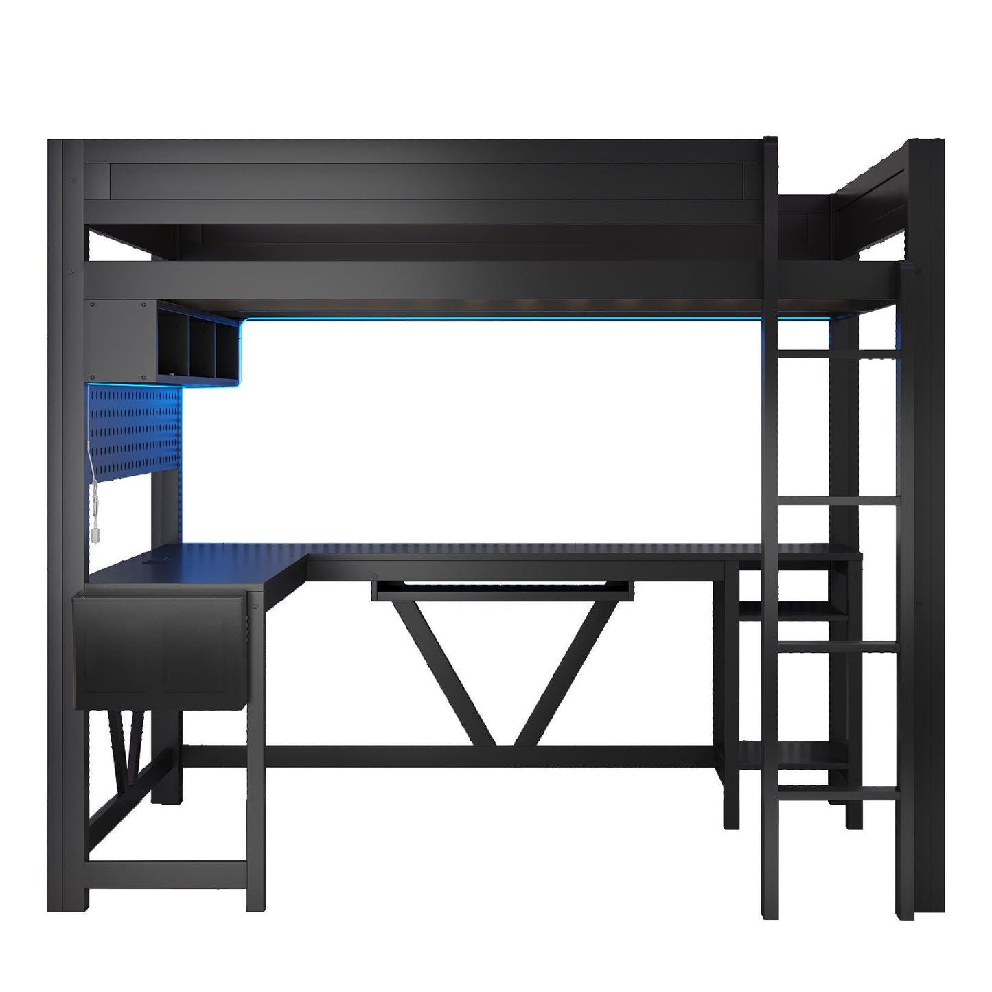 Gaming loft bed with desk, storage and blue LED lighting in black metal frame HouseOfZazla on Tampa Home & Garden Store