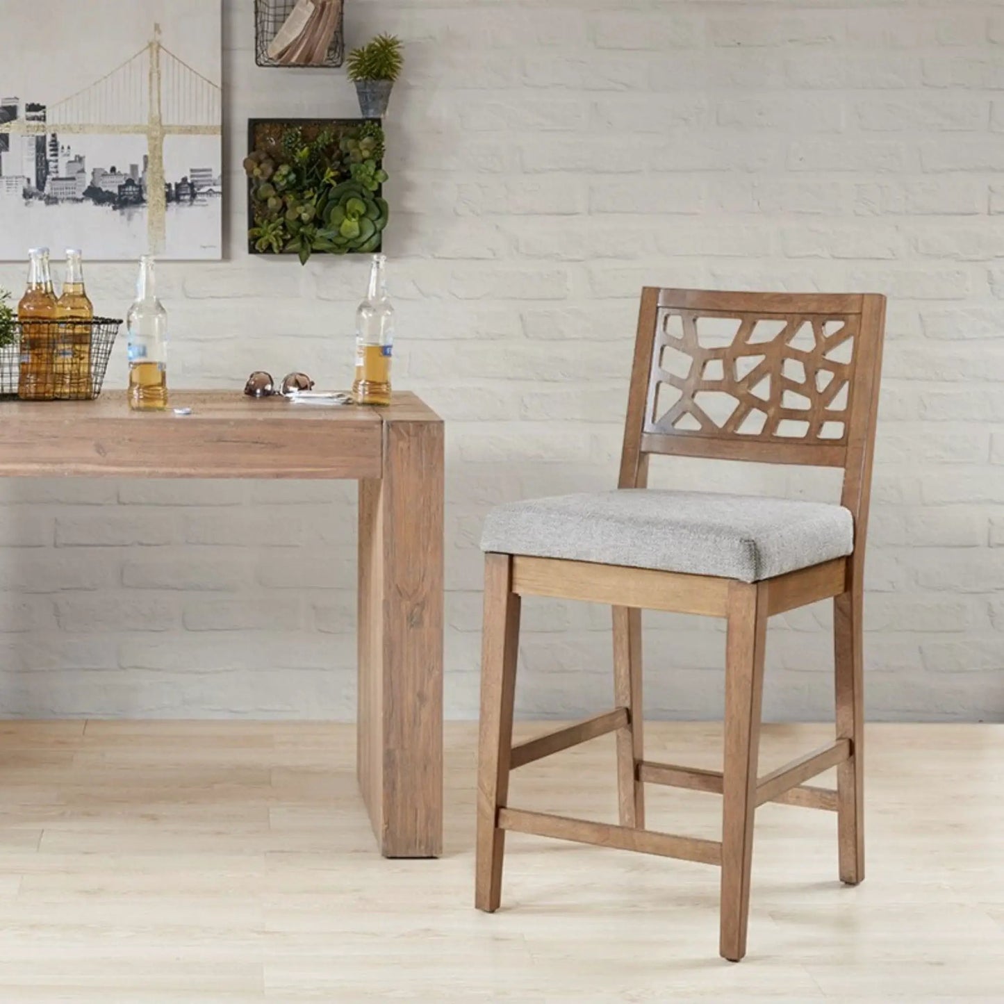 Counter Stool Light Gray Upholstered Seat