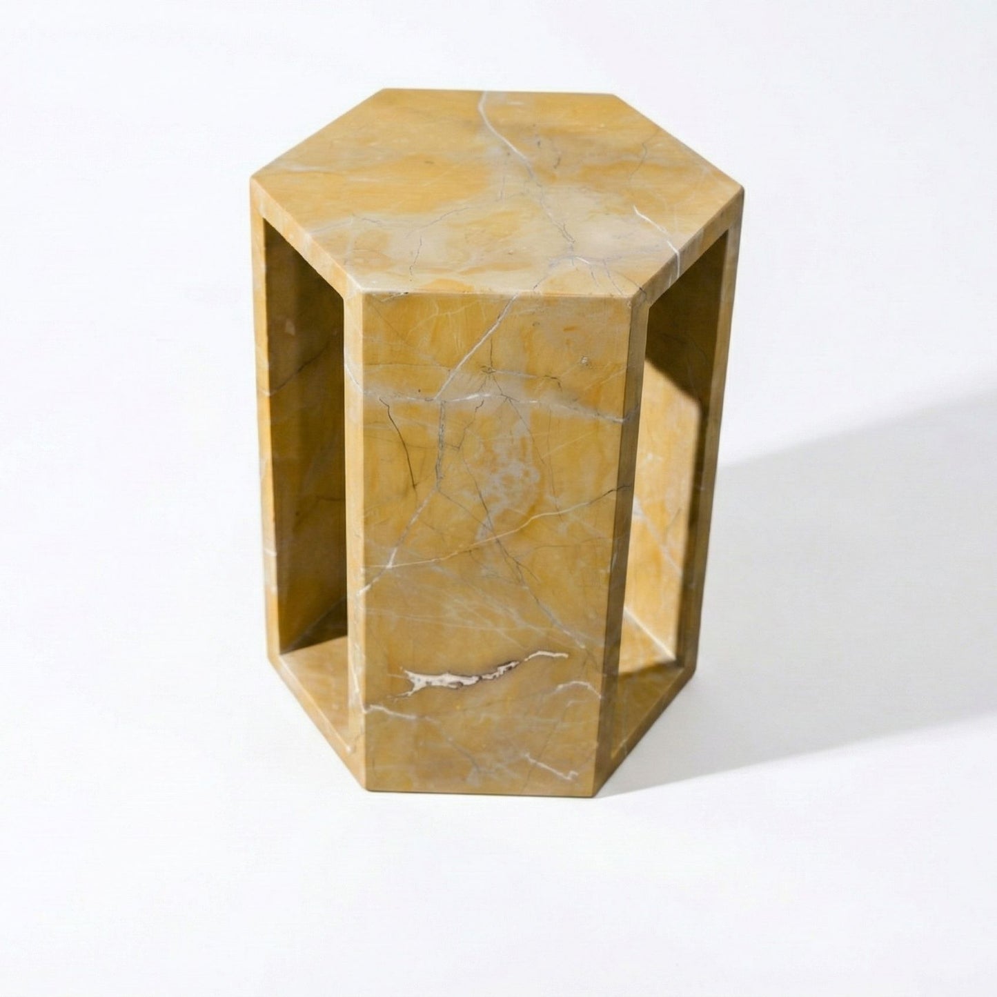 Hexagon side table in yellow marble by HouseOfZazla, modern minimalist design on Tampa Home & Garden Store