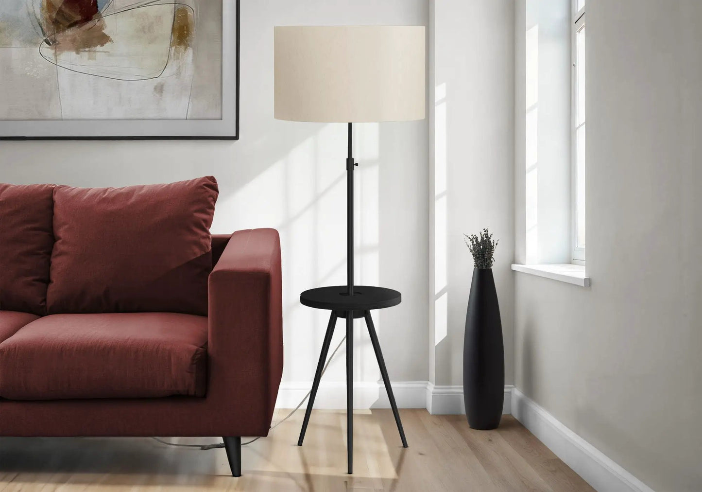 Floor Lamp Lighting by Unique Piece Furniture with beige shade and black tripod base on Tampa Home & Garden Store