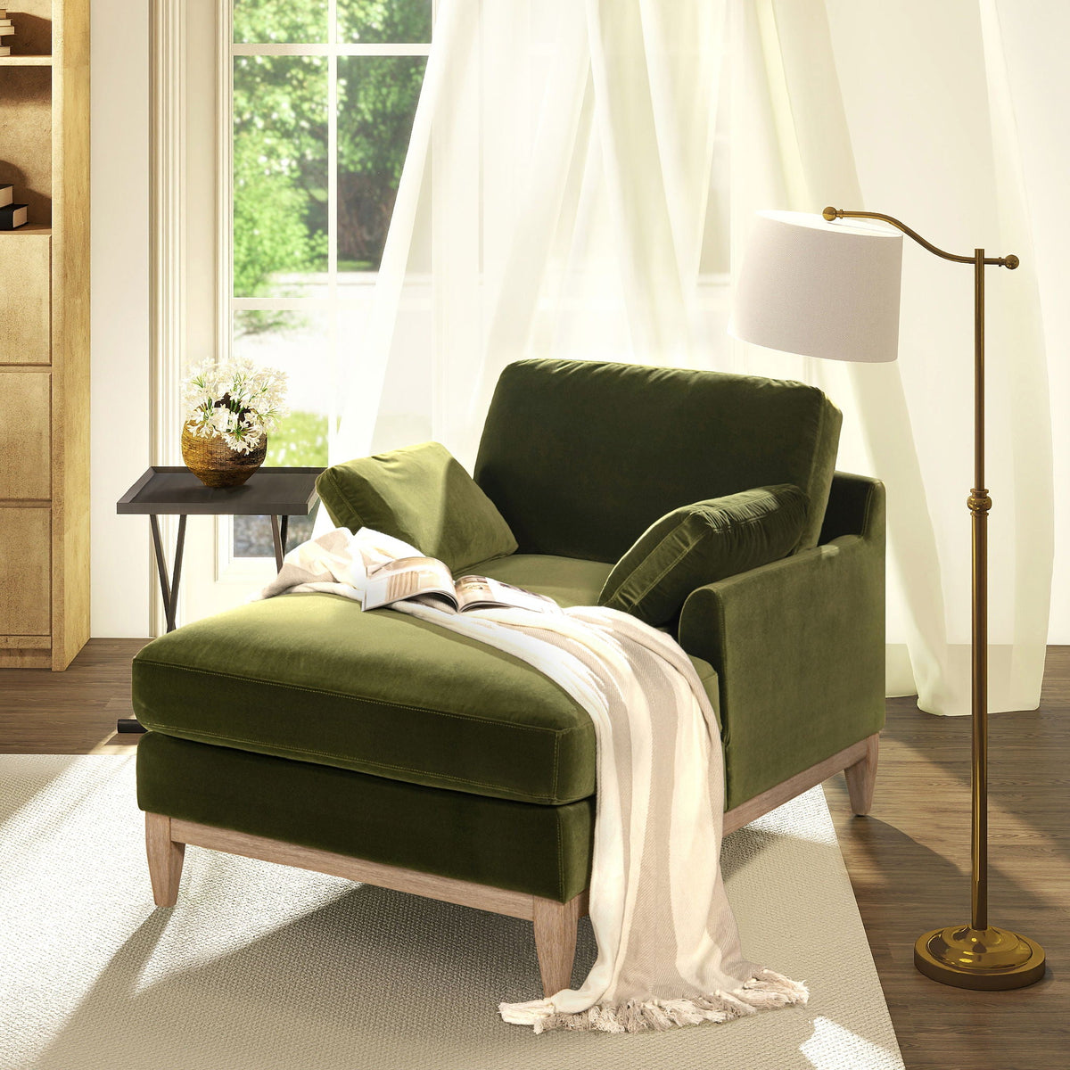 Olive green farmhouse chaise lounge by HouseOfZazla with rubberwood base in living room on Tampa Home & Garden Store