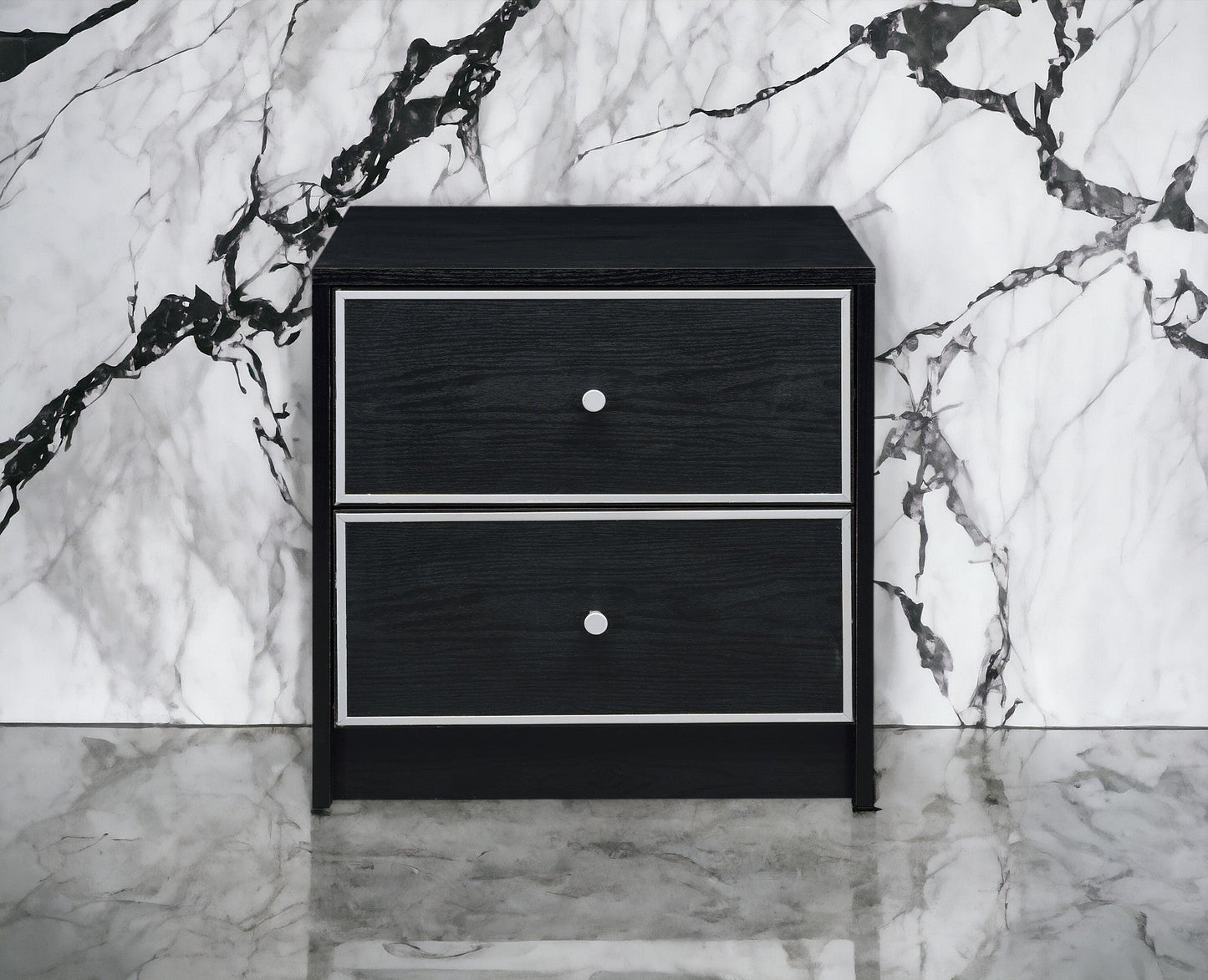 Modern black nightstand by HouseOfZazla with silver trim and round knob on Tampa Home & Garden Store
