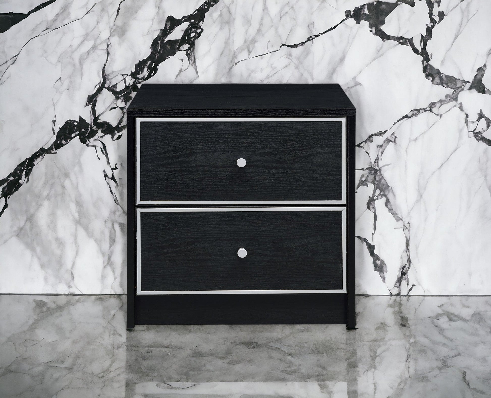 Modern black nightstand by HouseOfZazla with silver trim and round knob on Tampa Home & Garden Store