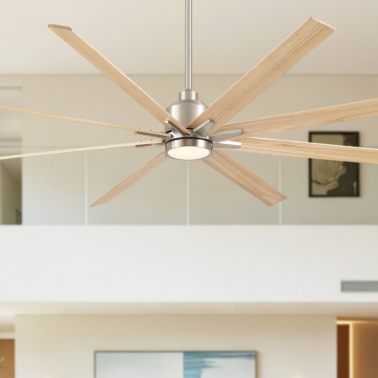 HouseOfZazla oversized ceiling fan with 8 natural wood blades and dimmable LED light and remote control on Tampa Home & Garden Store