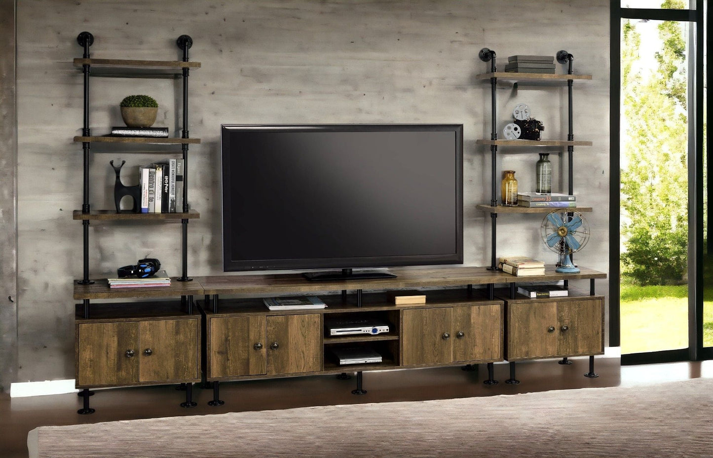 Ensata II TV Stand Rustic Oak / Black with industrial pipe shelves by HouseOfZazla on Tampa Home & Garden Store