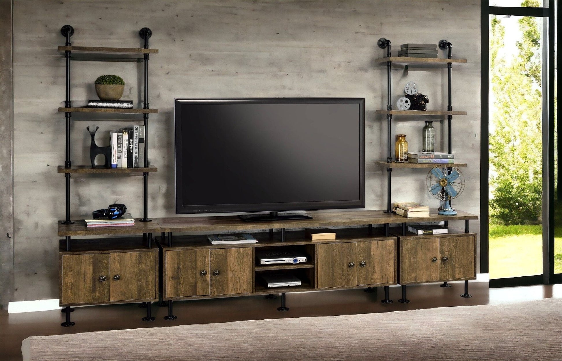Ensata II TV Stand Rustic Oak / Black with industrial pipe shelves by HouseOfZazla on Tampa Home & Garden Store