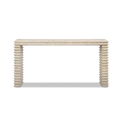 Geometric waterfall console table, solid wood, natural light brown finish, stacked block legs on Tampa Home & Garden Store